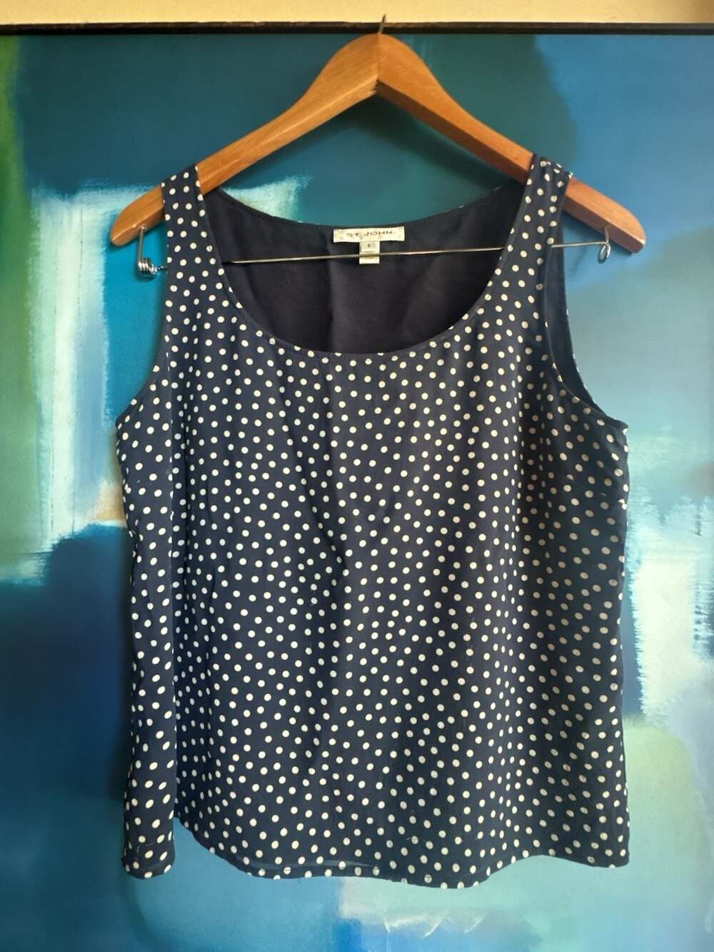 St. John Collection Navy and White Polka Dot Silk Sleeveless Tank Top